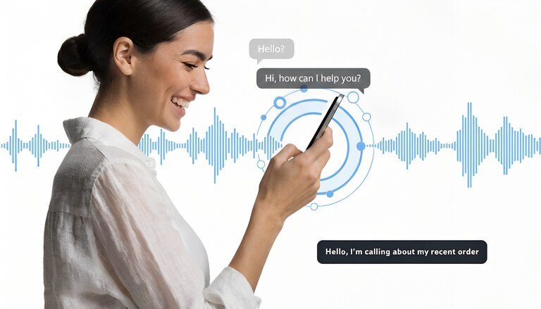 A woman smiling while holding a phone to her ear, with the caller's spoken words appearing on screen as live caption text
